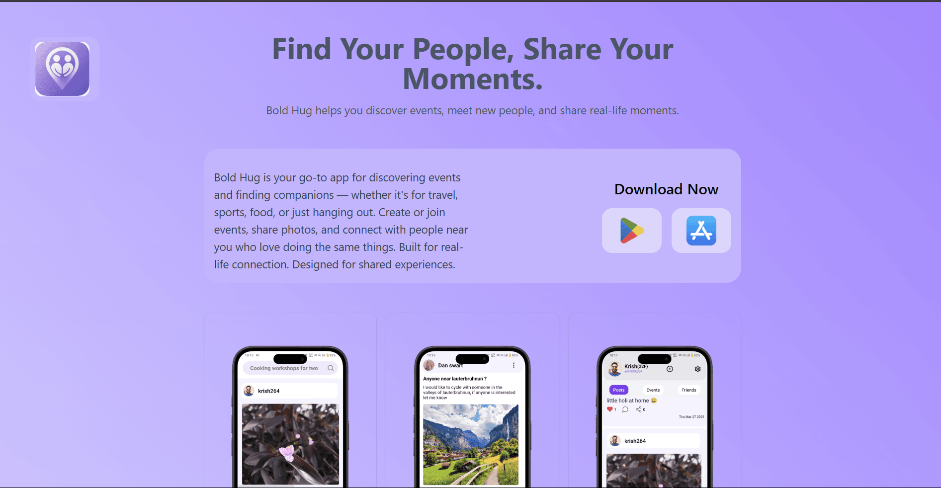 Bold Hug an Event Sharing,Companion finding app